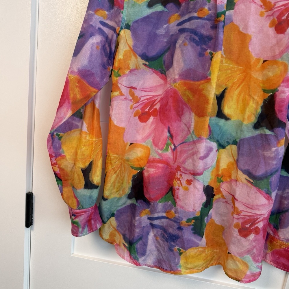 LRL Ralph Lauren Womens S Button Up Floral Silk Cotton Blouse Shirt Watercolors - Picture 15 of 15